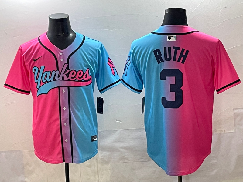 Men's New York Yankees Babe Ruth #3 Pink/Blue Jersey
